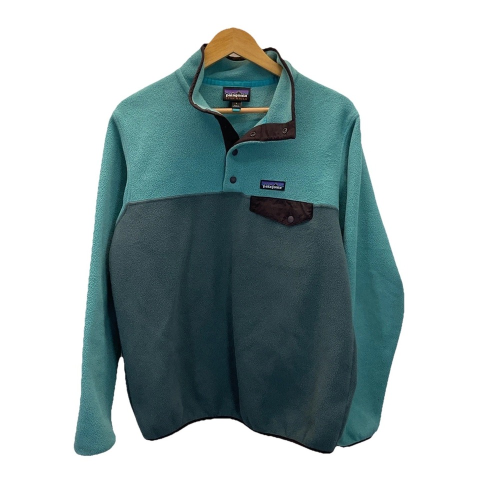 Patagonia Synchilla Womens L Teal Green Snap T Fleece Pullover Hiking Camping - Picture 1 of 11